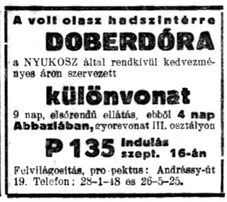 Az 1933-ban tervezett út hirdetése a 8 Órai Újság 1933. szeptember 2-án megjelent lapszámában.