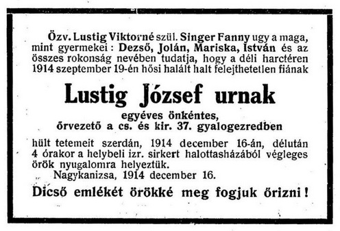 Lustig József gyászjelentése az Egyenlőség 1915. január 3-ai számának a 19. oldalán.