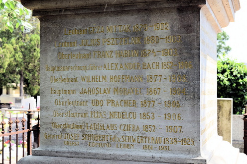 Pszczelnik Gyula hadnagy neve (fentről a második) a cs. és kir. komáromi 12. gyalogezred Észak-Komáromben álló emlékművén.