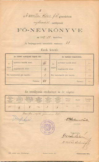 Schmidt Pál bejegyzése a zentai gimnázium 1917/18-as fő névkönyvébe.