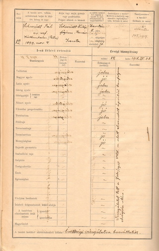 Schmidt Pál bejegyzése a zentai gimnázium 1917/18-as fő névkönyvébe.