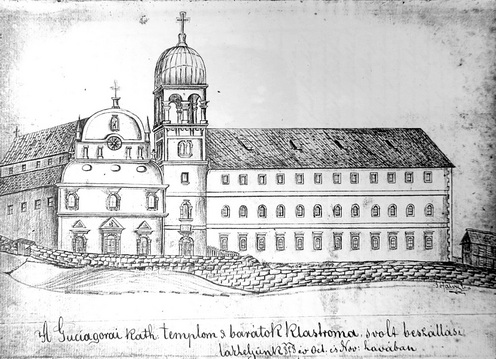 „A Guciagorai kath. templom s barátok klastroma s volt beszállási lakhelyünk 1878 év Oct. és Nov. havában.” Sófalvy József rajza a visszaemlékezéséből.