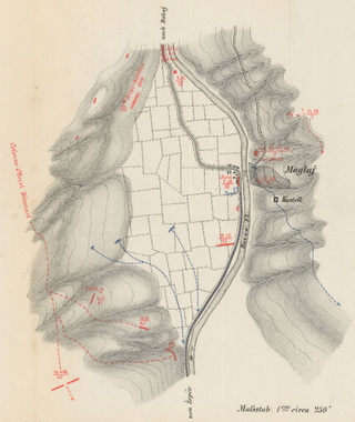 Térkép az 1878. augusztus 5-i maglaji csatáról. Jól látszik a sövényekkel és kerítésekkel szabdalt terep és végzetes útkanyarulat is.
