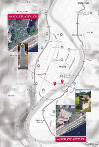 Az emlékmű maradványának és Chorinsky főhadnagy sírjának a helye, valamint GPS koordinátái Google térképen.