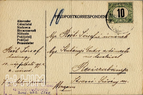 Roób József feleségének apósáék címére írt tábori postai levelezőlapja Przemyślből, 1914. december 31.