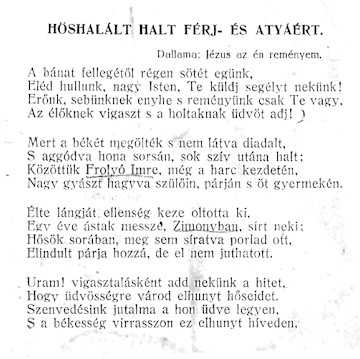 Vigasztaló ének Frolyó Imre lelki üdvéért a könyv 94. oldaláról (Forrás: Üllői Helytörténeti Gyűjtemény)