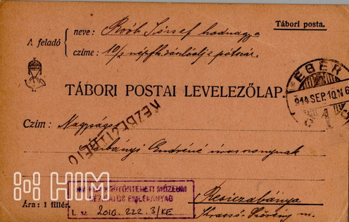 Roób József első tábori postai levelezőlapja feleségének, apósa címére, <acronym title=