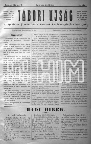 A legtöbbször egylapos przemyśli Tábori Ujság 1914. november 5-i elő-és hátlapja. (HTM Könyvgyűjtemény, L 266)