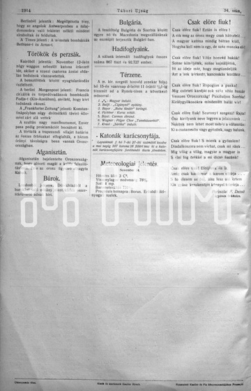 A legtöbbször egylapos przemyśli Tábori Ujság 1914. november 5-i elő-és hátlapja. (HTM Könyvgyűjtemény, L 266)