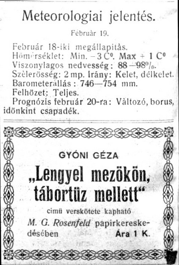 Időjárás-jelentés és a Gyóni-kötet hirdetése a Tábori Ujság 1915. február 20-i, 115. számában