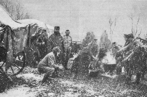 Tél Galíciában. Lőszert szállító csapat táborozása a hóförgetegben.