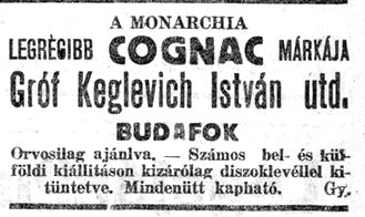 Hirdetés a Miskolci napló 1914. december 6-i számából – vajon ezt az országszerte jól ismert konyakot itta névnapján Roób József is?