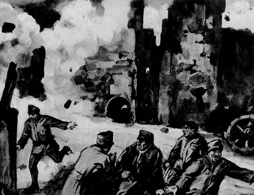 „Przemysl várának hős védelmezői a vár átadása előtt levegőbe röpítik a védőműveket, hogy az orosz semmi hasznát ne vehesse a várnak. (Harctéri rajzolónk eredeti festménye.)”