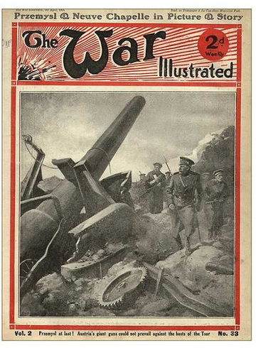„Végre Przemysl! Ausztria óriáságyúi sem tudtak diadalmaskodni a cár legjobbjaival szemben!” - A The War Illustrated – a Pictorial Record of the Conflict of the Nations az 1914–1918 közötti háború idején kiadott egyik legsikeresebb, főként a munkásosztály körében népszerű, gazdagon illusztrált brit háborús magazin volt, gondosan komponált címlapokkal. A háború első éveiben sokszor csak kitalált, szenzációhajhász és hevesen hazafias riportokat közöltek – ugyanakkor pl. H. G. Wells írását is, 1916 után a beszámolók már nagyobb hangsúlyt fektettek a valósághűségre és a tényekre. – A lap II. évfolyama 33. száma Przemyśl és a flandriai Neuve Chapelle körüli harcokkal foglalkozott, címlapja a vár kapitulációját ünnepelte.