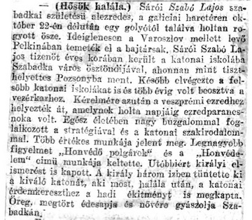 Újsághír sárói Szabó Lajos alezredes haláláról