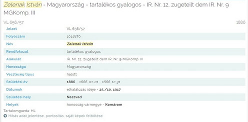 Zelenák István hősi halálára vonatkozó adatok az MNL oldalán az elsővilágháborús veszteséglista alapján.