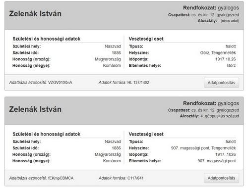 Zelenák István hősi halálára vonatkozó adatok a HM HIM oldalán.