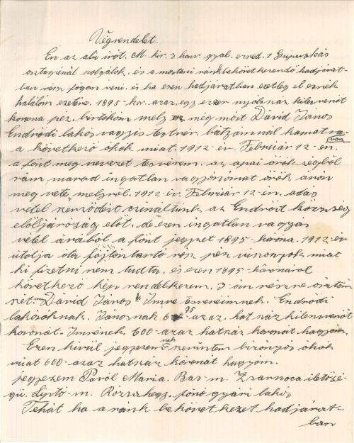 Dávid György végrendeletének első oldala. Forrás: Határ Győző Városi Könyvtár Digitális Archívuma. Digdok/Endrőd/magánélet/végrendeletek.