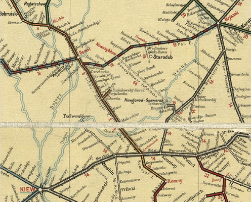 Roób hadnagy és a magyar hadifogoly-transzport Kievtől Branszig tartó vasúti utazásának útvonala