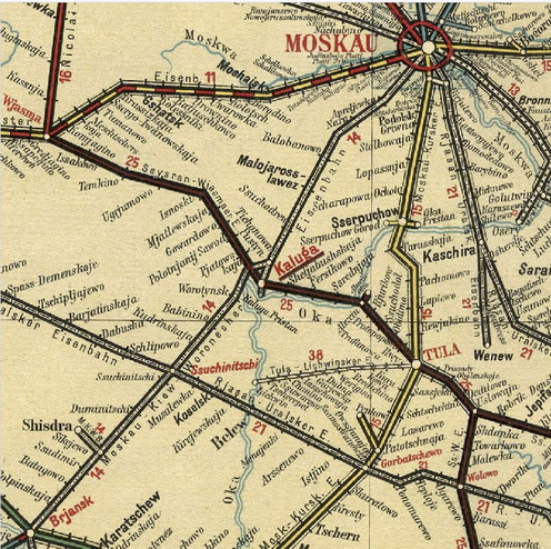 Roób hadnagy és a magyar hadifogoly-transzport Bransztól Moszkváig tartó vasúti utazásának útvonal