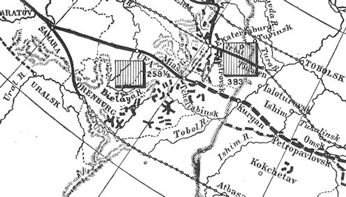 Roób József és társai útjuk egy részét a Transzszibériai vasútvonalon, a világ leghosszabb, Moszkvától Vlagyivosztokig tartó vasútvonalán tették meg. A Szamara–Omszk vonalszakasz, a napló által említett települések angol megnevezésével, az 1895-ös U.S. Government Map of Russia and Trans-Siberian Railway Construction térképen.