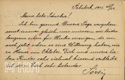 Roób József feleségének írt első lapja Tobolszkból finoman érzékelteti, hogy szó sincs a hazatéréséről. De leírja a legfontosabbat is, amely minden lapon szerepel: egészséges. – Orosz-francia feliratú, tobolszki kiadású (?) és előrenyomott feladói feliratozású, hátoldalon kipontozott sorokkal ellátott levelezőlap hadifoglyok részére – fekete tobolszki postai (1915. szeptember 1.) és kék tobolszki cenzúrabélyegzés (kézzel: 21.), a bécsi Vöröskereszt vörös cenzúrabélyegzése, halvány diósgyőri-vasgyár érkezési bélyegzés (1915. október 14.)