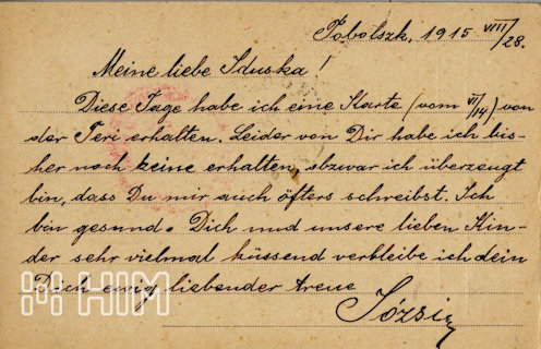 Roób József feleségének: másfél hónap múlva kapta kézhez a neki írt levelezőlapot, amely szintén több cenzúrázáson esett át. Eddig Ida egyetlen levelét sem kapta meg. – Orosz-francia feliratú, tobolszki kiadású (?) és előrenyomott feladói feliratozású, hátoldalon kipontozott sorokkal ellátott levelezőlap hadifoglyok részére – fekete tobolszki (1915. szeptember 1.) postai és kék tobolszki cenzúrabélyegzés (kézzel: 21.), a bécsi Vöröskereszt vörös cenzúrabélyegzése, diósgyőri-vasgyár érkezési bélyegzés (1915. október 7.)