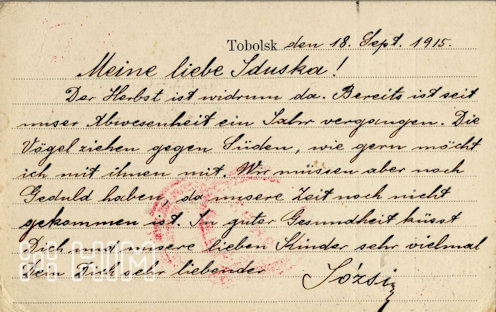 A fogság hetedik hónapját elérve Roób hadnagyhoz hasonlóan mindenki türelmetlenül várta a mielőbbi hazatérés lehetőségét, de egyre kevésbé hitt benne. – Orosz-francia feliratú, tobolszki kiadású (?) és előrenyomott feladói feliratozású, hátoldalon kipontozott sorokkal ellátott levelezőlap hadifoglyok részére –orosz fekete (1915. szeptember 10.) és vörös tobolszki cenzúrabélyegzés (No. 21.), a bécsi Vöröskereszt vörös cenzúrabélyegzése, elmosódott diósgyőri-vasgyár érkezési bélyegzés (1915. október 15.)