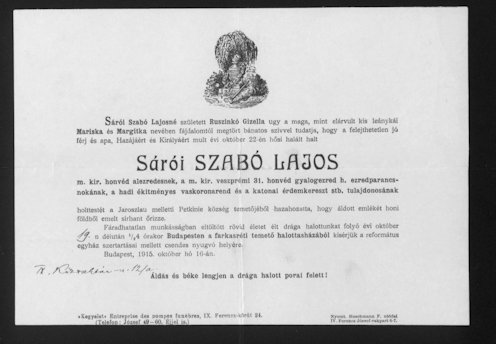 Az 1915. október 16-án kelt gyászjelentés.