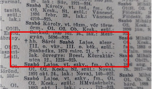 Sárói Szabó Lajos alezredes említése a Vitézek évkönyve 1927. évi I. évfolyamában