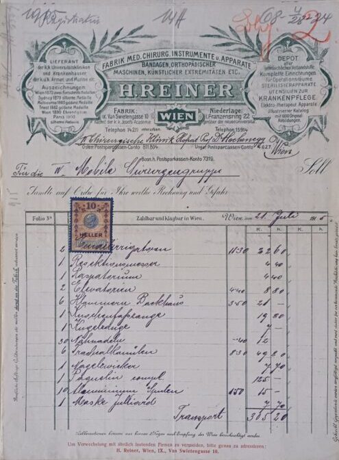 Egy mozgó sebészcsoport sebészeti eszközeiről készült számla, 1915. (KA KM 14. Abt. Nr 68/4-28-1915)