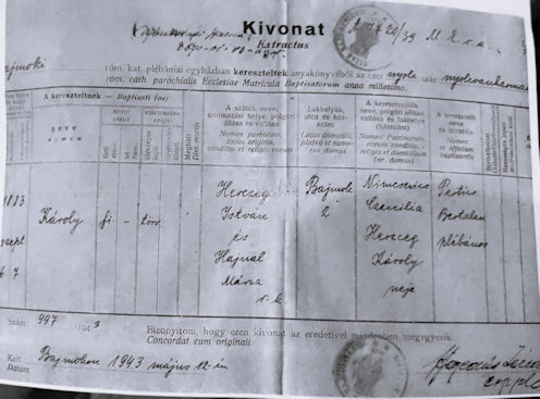 Herczeg Mihály születési anyakönyvi kivonata