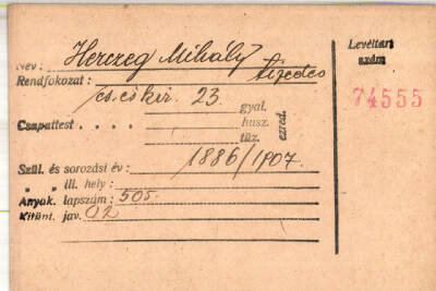 Herczeg Mihály őrvezető kitüntetési kartonja