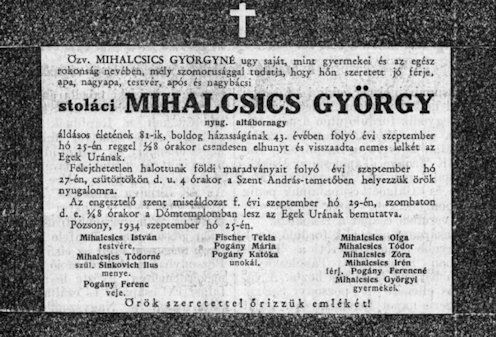 Mihalcsics György gyászjelentése a pozsonyi magyar Híradó 1934. szeptember 27-i számában