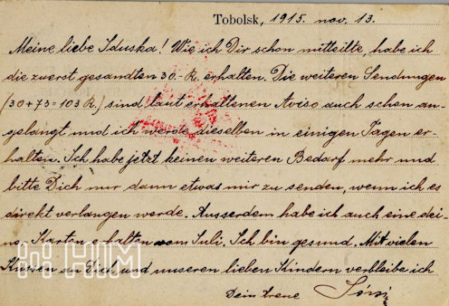 A postanapokon igyekezett mindenki hazaírni: távirati stílusban annyit közölni, amennyi csak jól olvashatóan ráfért egy levelezőlapra. – Orosz-francia feliratú, tobolszki kiadású (?) és előrenyomott feladói feliratozású, hátoldalon kipontozott sorokkal ellátott 1 kopejkás levelezőlap hadifoglyok részére –orosz fekete postai (1915. november 4.) és vörös tobolszki cenzúrabélyegzés (No. 21.), elmosódott bécsi központi cenzúrabélyegzés.