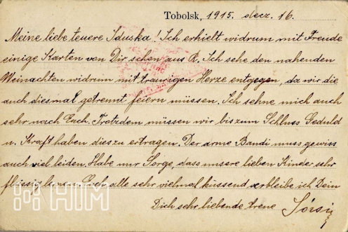 Orosz-francia feliratú, tobolszki kiadású (?) és előrenyomott feladói feliratozású, hátoldalon kipontozott sorokkal ellátott levelezőlap hadifoglyok részére –orosz fekete (1915. december 10.) és kék tobolszki cenzúrabélyegzés (No. 21.), bécsi központi cenzúrabélyegzés
