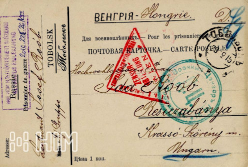 Roób 1915 szilveszter előestéjén írt lapja a przemyśli ostrom során és fogságba esésének aggodalmait átélteket eleveníti fel. – Orosz-francia feliratú, tobolszki kiadású és előrenyomott feladói feliratozású, hátoldalon kipontozott sorokkal ellátott levelezőlap hadifoglyok részére – elmosódott orosz fekete postai (1915. december 29.) és kék tobolszki cenzúrabélyegzés (No. 21.), vörös bécsi központi cenzúrabélyegzés]