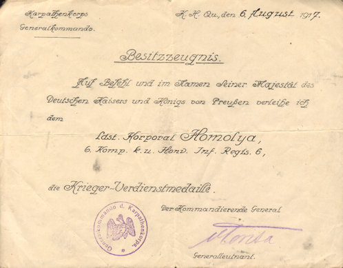 A német Harcosok Érdemérem odaítéléséről szóló igazolás