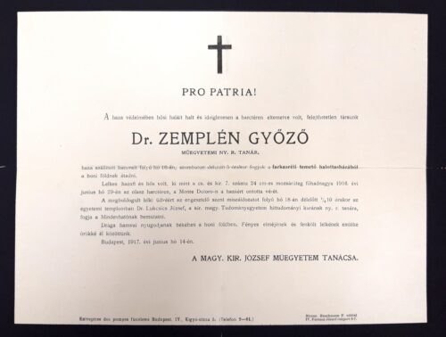 Zemplén Győző halotti értesítője