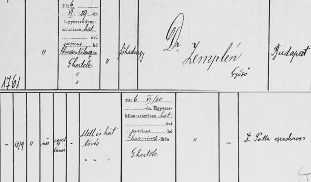 Zemplén Győző halotti anyakönyvi bejegyzése (Forrás: HM HL HL 404/1761)