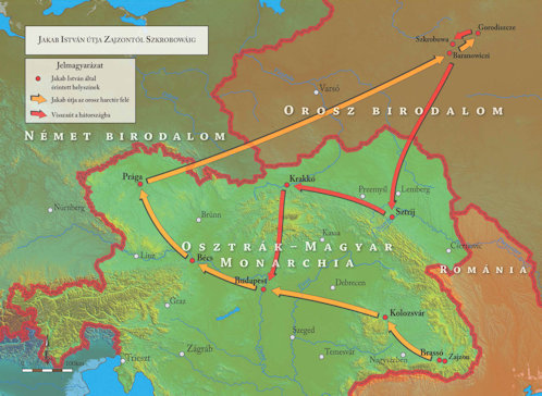 Jakab István hadiútja az első sebesüléséig. Török Zoltán által készített, a kötet előzéklapjaként szolgáló térképvázlat.