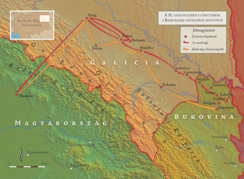 Jakab István hadiútja a 31. gyalogezred 1917-es harcai során. Török Zoltán által készített, a kötet előzéklapjaként szolgáló térképvázlat.