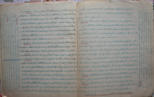 Roób József naplójának utólag beszámozott 224-225. oldalpárja. Ekkor, mint erre a jobb oldal alján utalt is, egyéb papír híján elkezdte az addig szabadon hagyott lapszéleket visszafelé haladva teleírni.