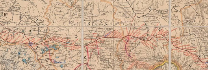 Roóbék útja a Tobolszktól Omszkig, onnan a transzszibériai vasút vonalán Nyizsnyeugyinszkig. Stanford's Map of the Siberian Railway – Edward Stanford 1917-es kiadású, litografált térképe a vasúti hálózatot és az állomásokat jellemzően pirossal jelölte.