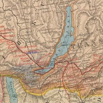 Roóbék útja a transzszibériai vasút vonalán Nyizsnyeugyinszktól a Bajkál-tó körül Vernijugyinszkig. Stanford's Map of the Siberian Railway – Edward Stanford 1917-es kiadású, litografált térképe a vasúti hálózatot és az állomásokat jellemzően pirossal jelölte.