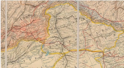 Roóbék útja a transzszibériai vasút vonalán a Mozgon és Harbin közötti szakaszon. A Stanford's Map of the Siberian Railway – Edward Stanford 1917-es kiadású, litografált térképe a vasúti hálózatot és az állomásokat jellemzően pirossal jelölte.