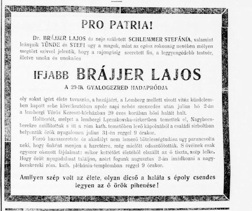 Ifj. Brájer Lajos nekrológja a Nagybecskereken megjelenő Torontál lap 1915. július 30-ai számából.