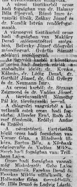 A Miskolcon megjelenő Felsőmagyarországi Reggeli Hírlap 1918. február 17-i, vasárnapi számában már hazavárta az orosz hadifogságban szenvedő köztisztviselőit és közszereplőit – köztük a naplónkban említett több személyt és Roób József főmérnököt is…