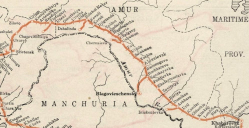 A transzszibériai vasút amúri vasútvonala, Habarovszk és Kwenga között, 1918. Térkép-részlet a Roób József 1918 tavaszi visszaútja során említett állomások többségével.
