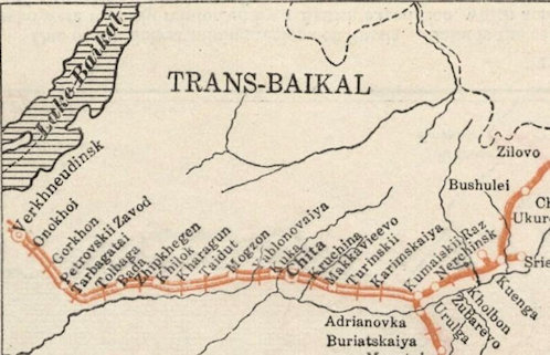 A transzszibériai vasút amúri vasútvonala, Kwenga és Verhnyeugyinszk között, 1918. Térkép-részlet a Roób József 1918 tavaszi visszaútja során említett állomások többségével.